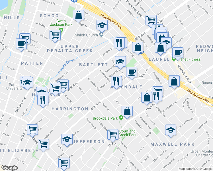 map of restaurants, bars, coffee shops, grocery stores, and more near 2706 Short Street in Oakland