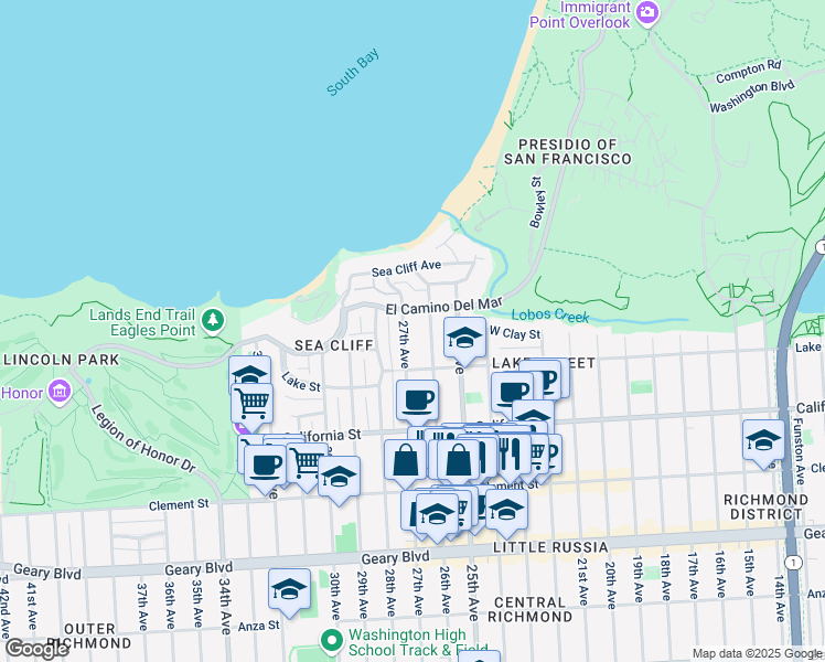 map of restaurants, bars, coffee shops, grocery stores, and more near 158 27th Avenue in San Francisco
