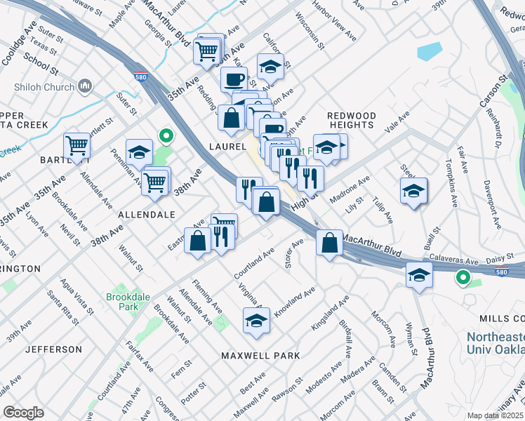 map of restaurants, bars, coffee shops, grocery stores, and more near 4239 Quigley Place in Oakland