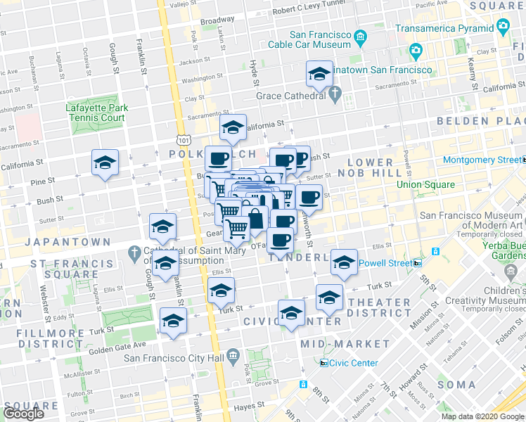 map of restaurants, bars, coffee shops, grocery stores, and more near 949 Post Street in San Francisco