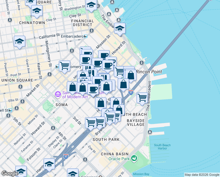 map of restaurants, bars, coffee shops, grocery stores, and more near 355 1st Street in San Francisco