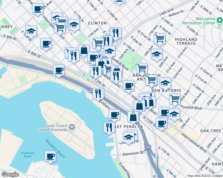 map of restaurants, bars, coffee shops, grocery stores, and more near 1801-1899 E 12th St in Oakland