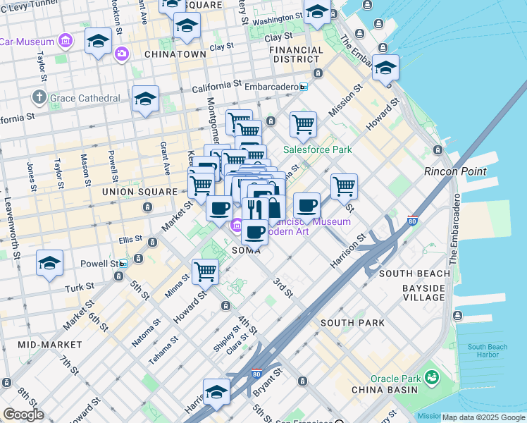 map of restaurants, bars, coffee shops, grocery stores, and more near 111-121 New Montgomery Street in San Francisco