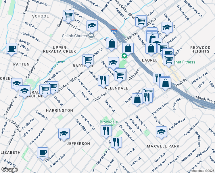 map of restaurants, bars, coffee shops, grocery stores, and more near 2816 Viola Street in Oakland
