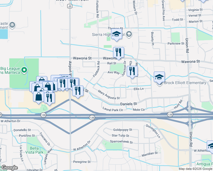 map of restaurants, bars, coffee shops, grocery stores, and more near 1157 Westbrook Place in Manteca