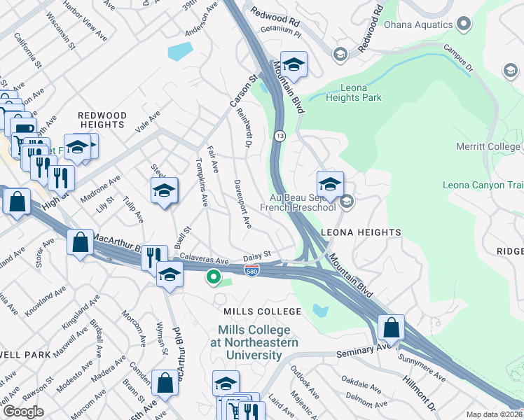 map of restaurants, bars, coffee shops, grocery stores, and more near 4729 Cunningham Street in Oakland
