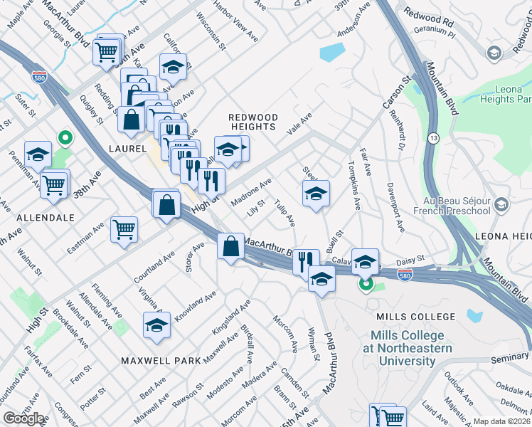 map of restaurants, bars, coffee shops, grocery stores, and more near 3669 Green Acre Road in Oakland