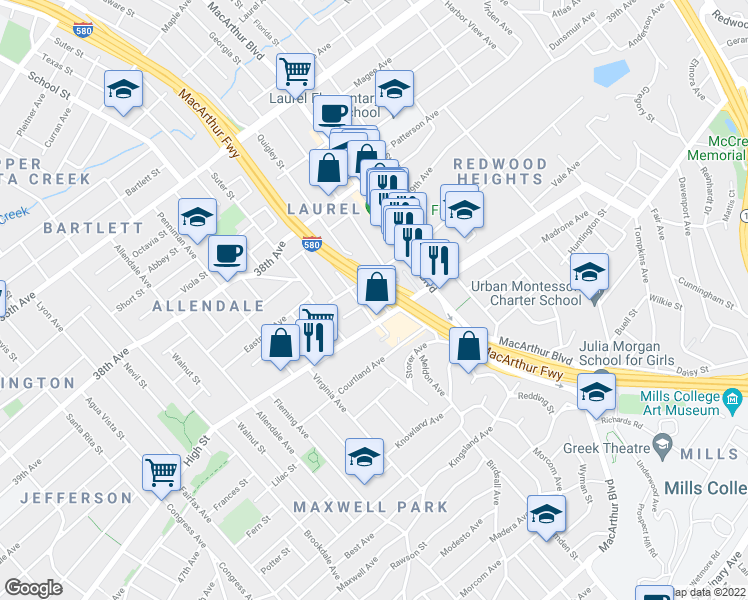 map of restaurants, bars, coffee shops, grocery stores, and more near 3403 High Street in Oakland
