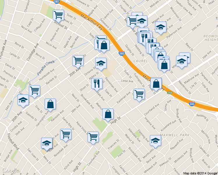 map of restaurants, bars, coffee shops, grocery stores, and more near 3915 Penniman Avenue in Oakland