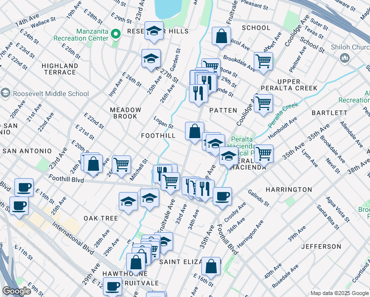 map of restaurants, bars, coffee shops, grocery stores, and more near 3209 Galindo Street in Oakland