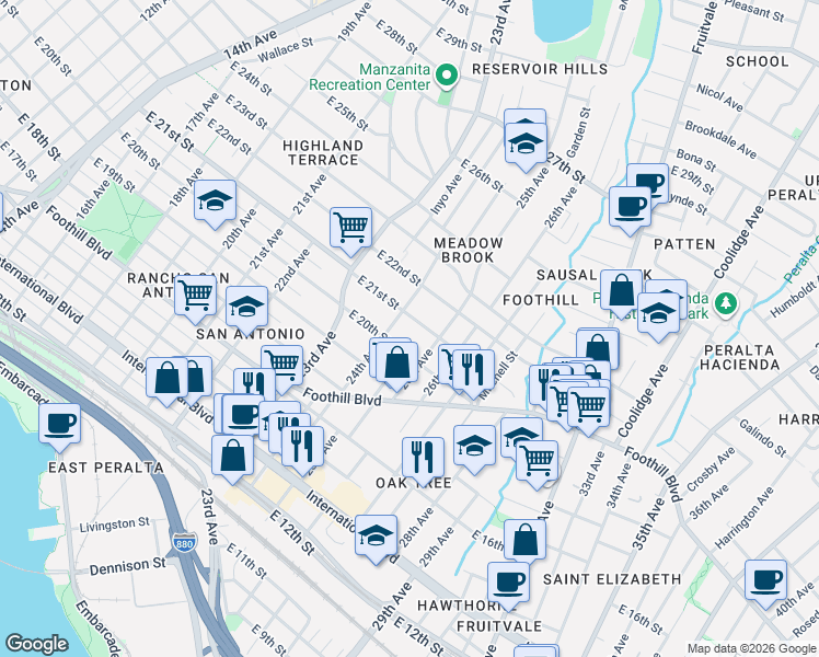 map of restaurants, bars, coffee shops, grocery stores, and more near 2445 East 21st Street in Oakland