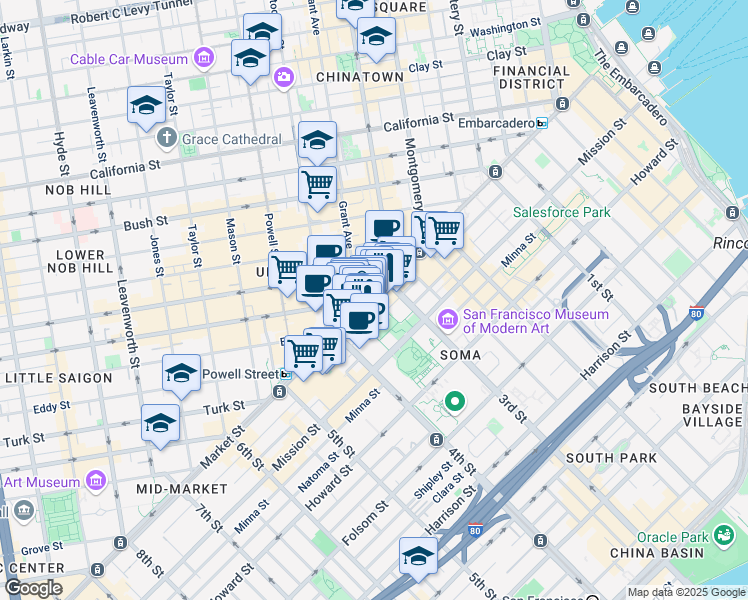 map of restaurants, bars, coffee shops, grocery stores, and more near 757 Market Street in San Francisco