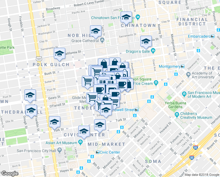 map of restaurants, bars, coffee shops, grocery stores, and more near 34 Shannon Street in San Francisco