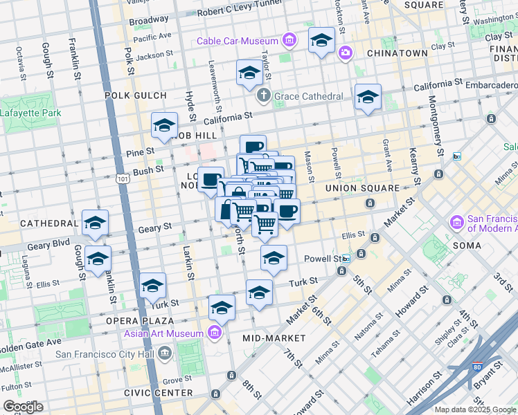 map of restaurants, bars, coffee shops, grocery stores, and more near in San Francisco