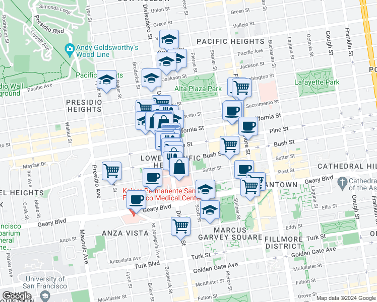 map of restaurants, bars, coffee shops, grocery stores, and more near 2510 Bush Street in San Francisco