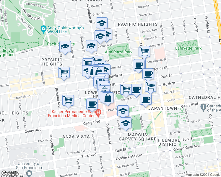 map of restaurants, bars, coffee shops, grocery stores, and more near 2510 Bush Street in San Francisco