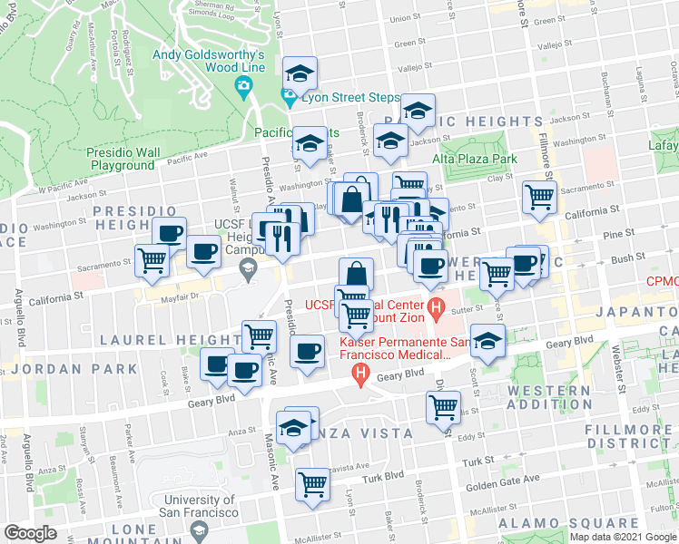 map of restaurants, bars, coffee shops, grocery stores, and more near 1650 Baker Street in San Francisco