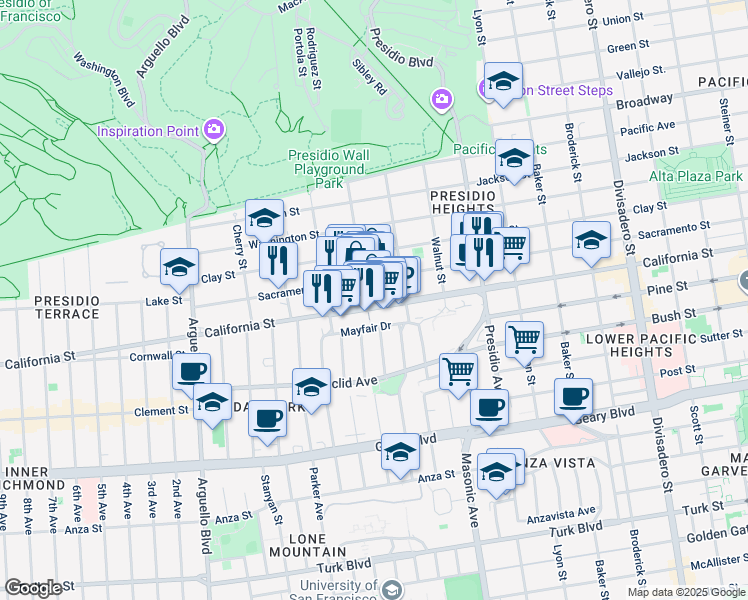 map of restaurants, bars, coffee shops, grocery stores, and more near 3445 California Street in San Francisco