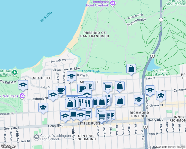 map of restaurants, bars, coffee shops, grocery stores, and more near 41 21st Avenue in San Francisco