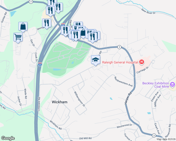 map of restaurants, bars, coffee shops, grocery stores, and more near 102 Bland Dr in Beckley