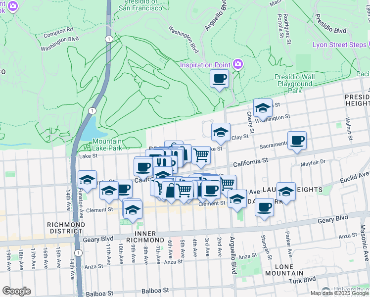 map of restaurants, bars, coffee shops, grocery stores, and more near 300 Lake Street in San Francisco