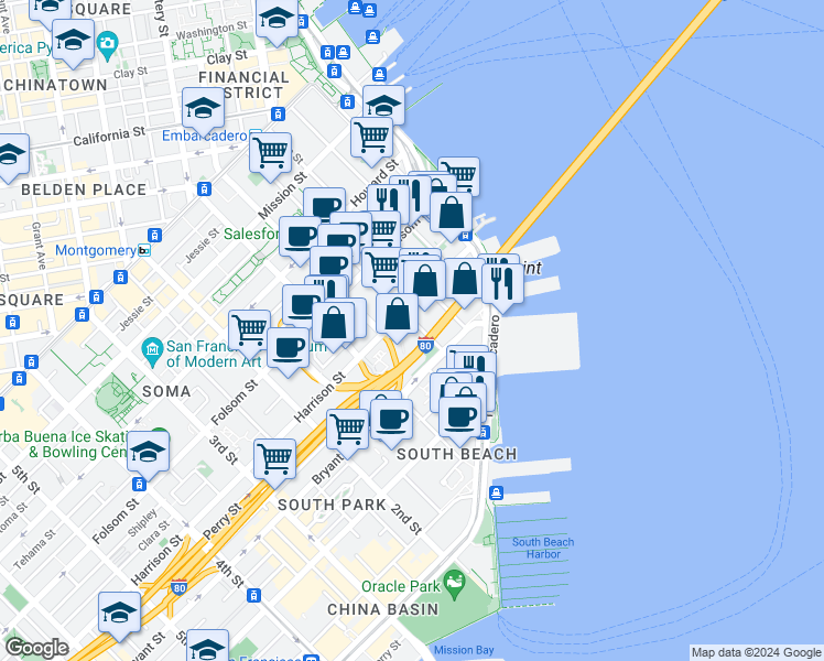 map of restaurants, bars, coffee shops, grocery stores, and more near 450 Beale Street in San Francisco
