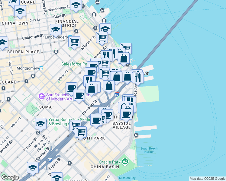 map of restaurants, bars, coffee shops, grocery stores, and more near 400 Beale Street in San Francisco