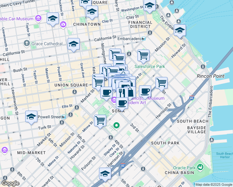 map of restaurants, bars, coffee shops, grocery stores, and more near 111-121 New Montgomery Street in San Francisco