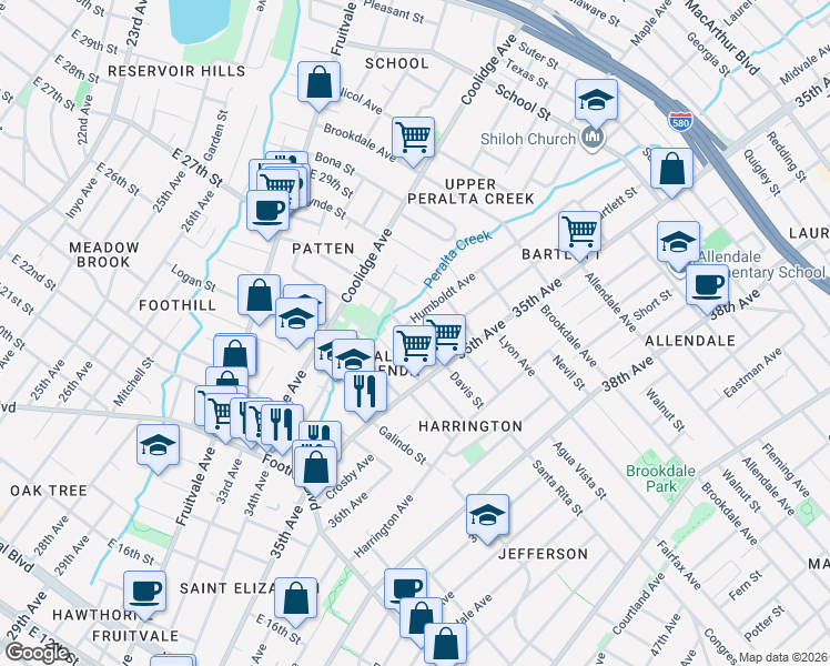 map of restaurants, bars, coffee shops, grocery stores, and more near 3472 Davis Street in Oakland