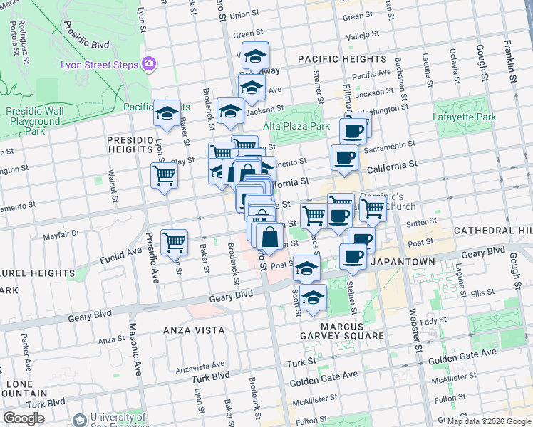 map of restaurants, bars, coffee shops, grocery stores, and more near 2510 Bush Street in San Francisco