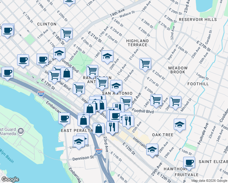 map of restaurants, bars, coffee shops, grocery stores, and more near in Oakland