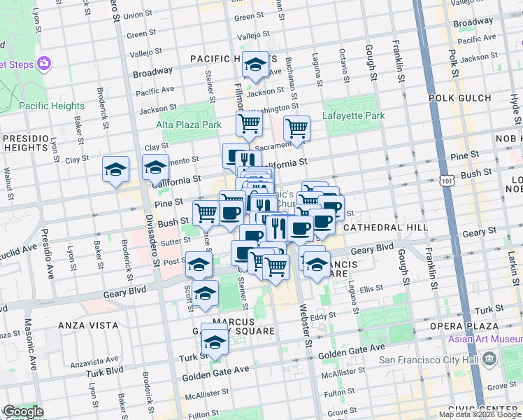 map of restaurants, bars, coffee shops, grocery stores, and more near 1890 Fillmore Street in San Francisco