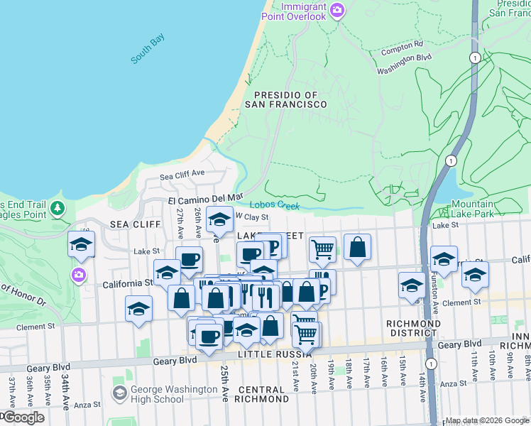 map of restaurants, bars, coffee shops, grocery stores, and more near 2 West Clay Street in San Francisco