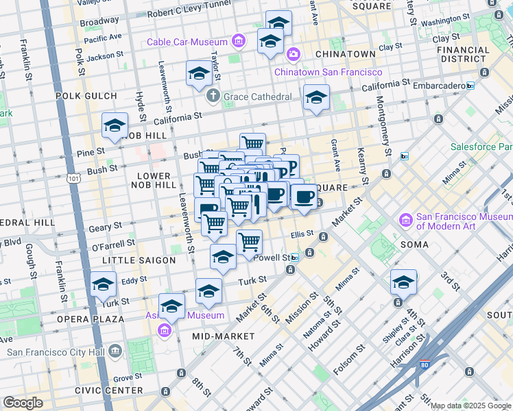 map of restaurants, bars, coffee shops, grocery stores, and more near 415 Geary Street in San Francisco