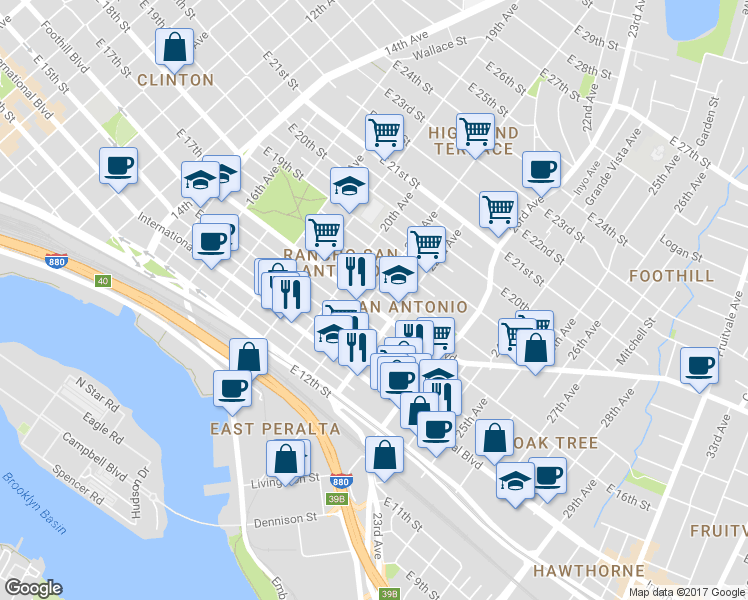 map of restaurants, bars, coffee shops, grocery stores, and more near 2102 Foothill Boulevard in Oakland