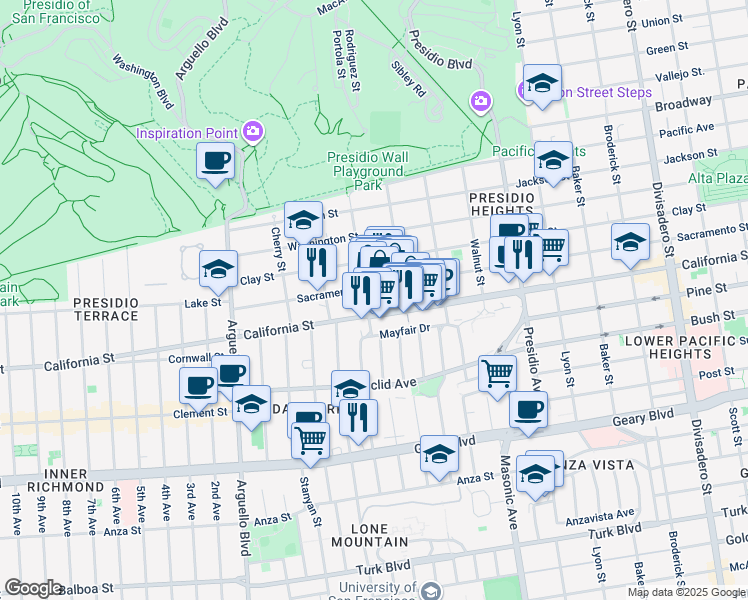 map of restaurants, bars, coffee shops, grocery stores, and more near 3530 California Street in San Francisco