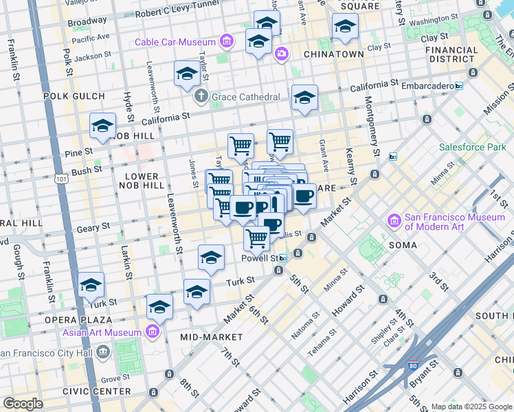 map of restaurants, bars, coffee shops, grocery stores, and more near 218 O'Farrell Street in San Francisco