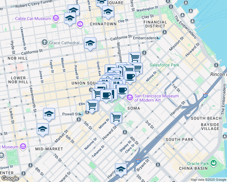 map of restaurants, bars, coffee shops, grocery stores, and more near 50 3rd Street in San Francisco