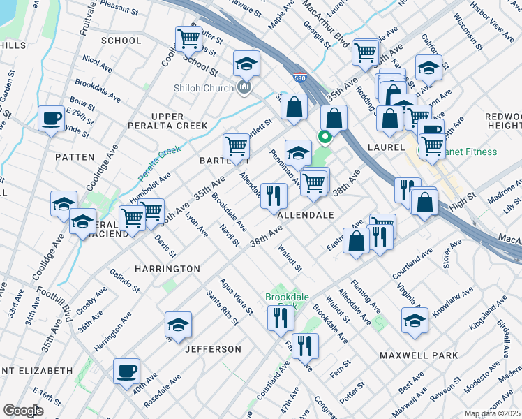 map of restaurants, bars, coffee shops, grocery stores, and more near 2720 Short Street in Oakland