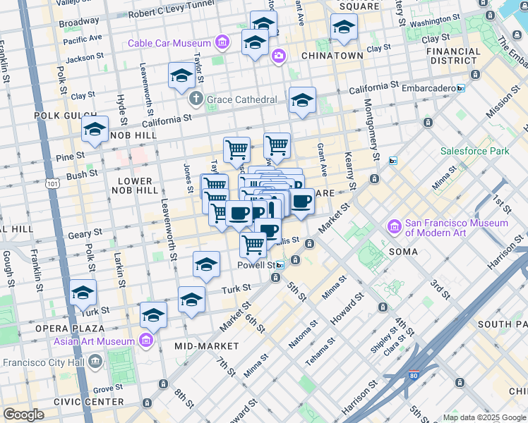 map of restaurants, bars, coffee shops, grocery stores, and more near 218 O'Farrell Street in San Francisco