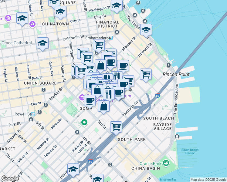map of restaurants, bars, coffee shops, grocery stores, and more near 235 2nd Street in San Francisco