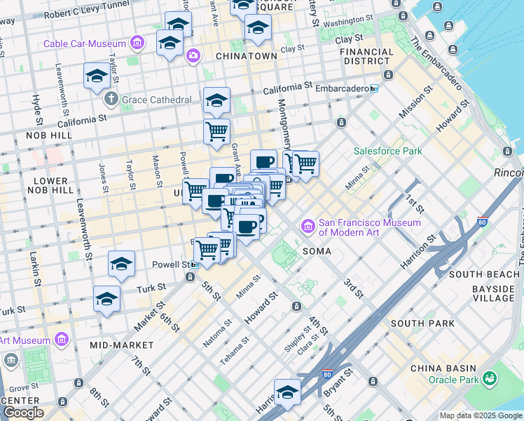 map of restaurants, bars, coffee shops, grocery stores, and more near 717 Market Street in San Francisco