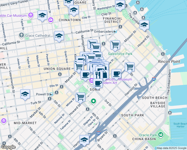 map of restaurants, bars, coffee shops, grocery stores, and more near 643 Mission Street in San Francisco