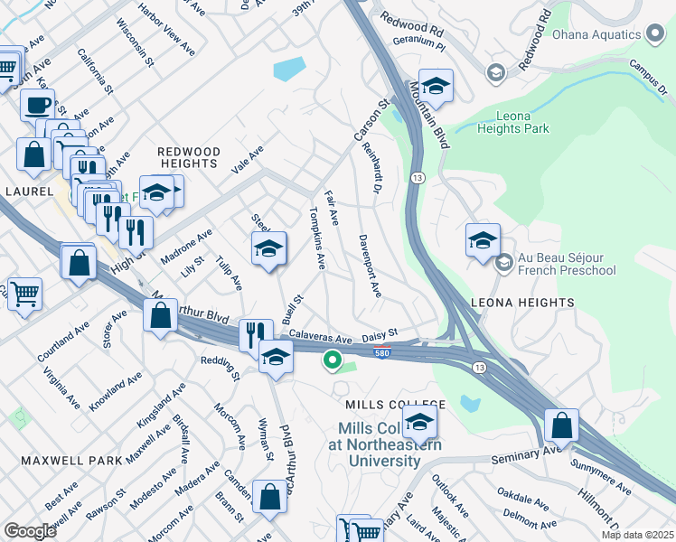 map of restaurants, bars, coffee shops, grocery stores, and more near 3846 Buell Street in Oakland