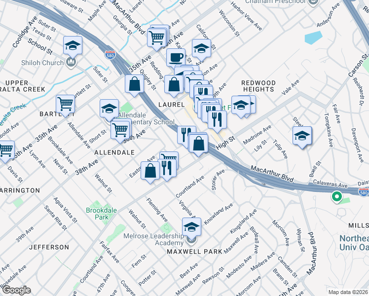 map of restaurants, bars, coffee shops, grocery stores, and more near 3304 Maybelle Way in Oakland