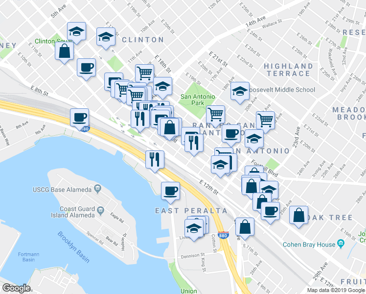 map of restaurants, bars, coffee shops, grocery stores, and more near 1200 18th Avenue in Oakland