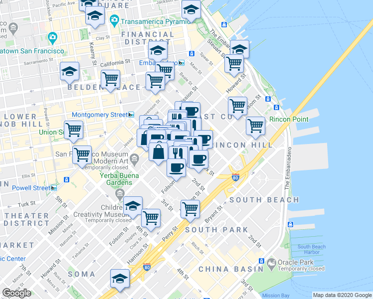 map of restaurants, bars, coffee shops, grocery stores, and more near 235 2nd Street in San Francisco