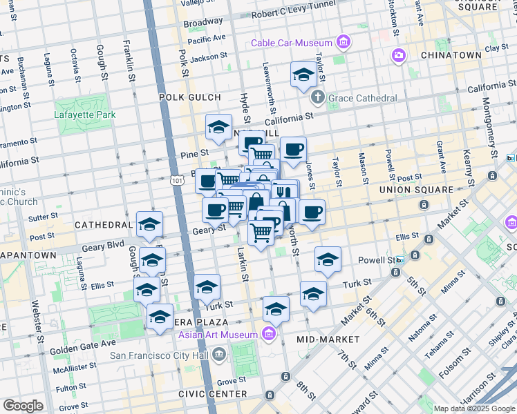 map of restaurants, bars, coffee shops, grocery stores, and more near 610 Hyde Street in San Francisco
