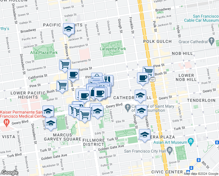 map of restaurants, bars, coffee shops, grocery stores, and more near 1691 Laguna Street in San Francisco