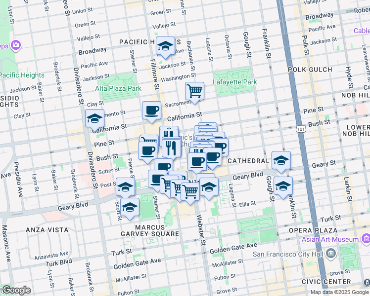 map of restaurants, bars, coffee shops, grocery stores, and more near in San Francisco